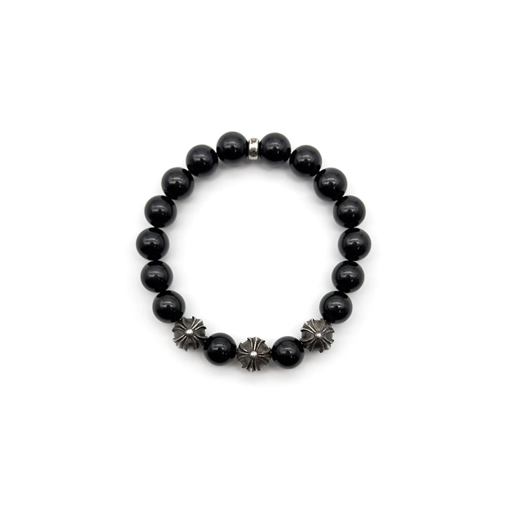 Chrome Hearts 10mm Black Obsidian 4 Silver Beaded Bracelet