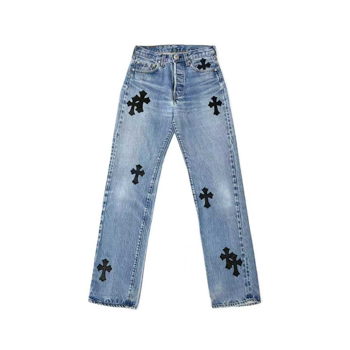 Chrome Hearts Levi's 501 Black Cross Leather Patch Jeans