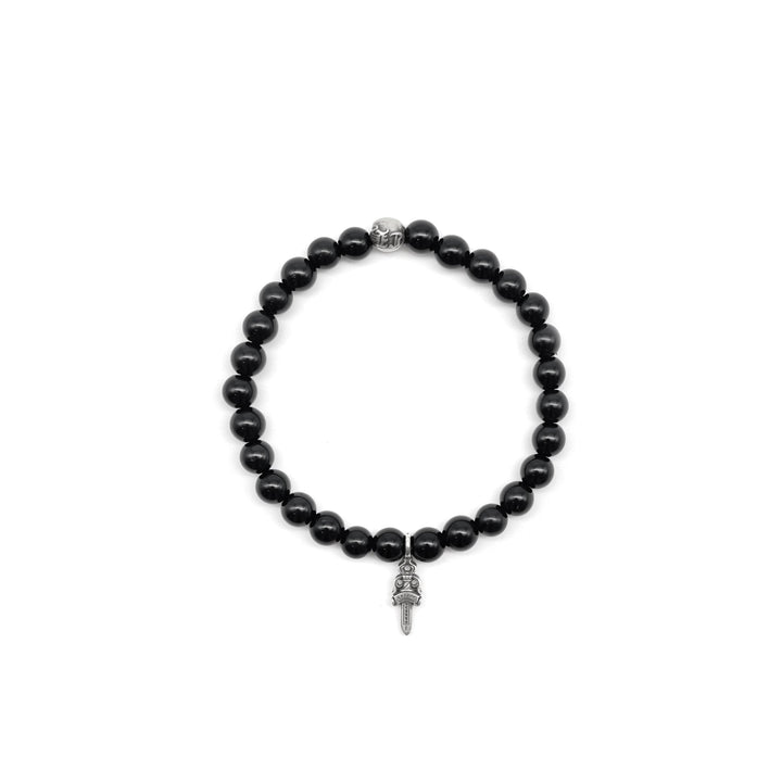 Chrome Hearts 6mm Obsidian Silver Dagger Pendant Beaded Bracelet