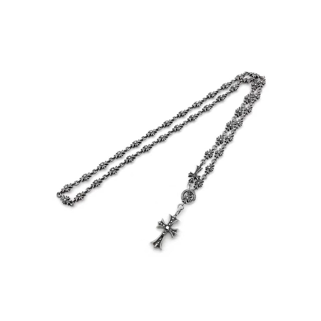 Chrome Hearts Silver Tiny E Cross Black & White Diamond Chokechain Necklace