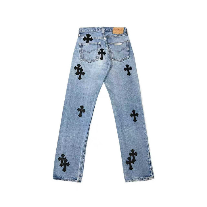 Chrome Hearts Levi's 501 Black Cross Leather Patch Jeans