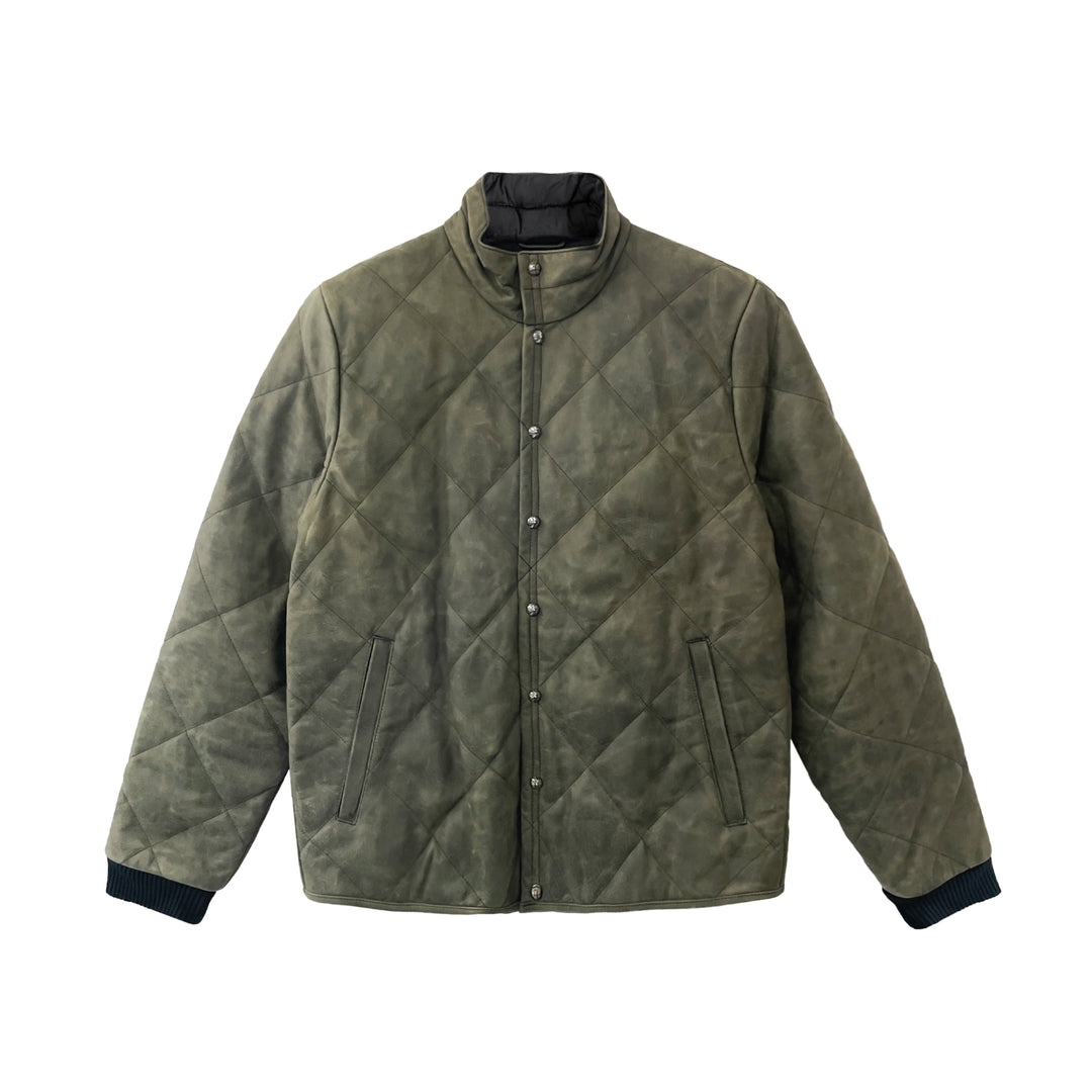Chrome Hearts Olive Leather Quilted Puffer Down Jacket