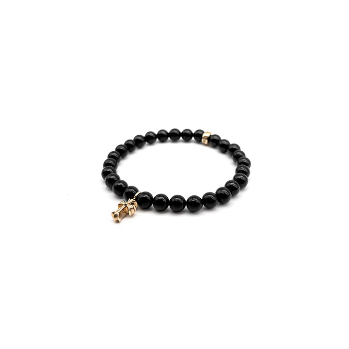 Chrome Hearts 6mm Obsidian 22K Gold Cross Charm Beaded Bracelet