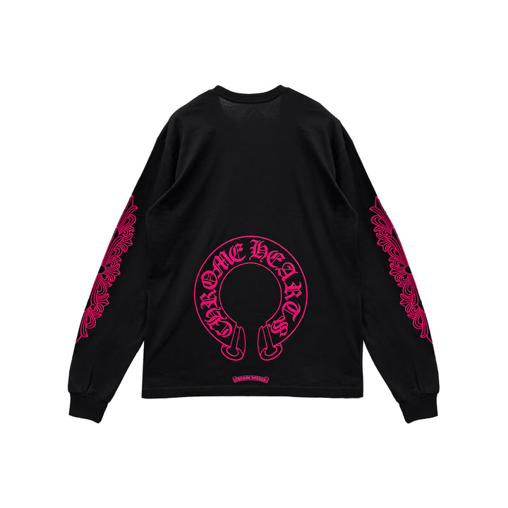 Chrome Hearts Classic Pink Horseshoe Logo Black Long Sleeve T-shirt