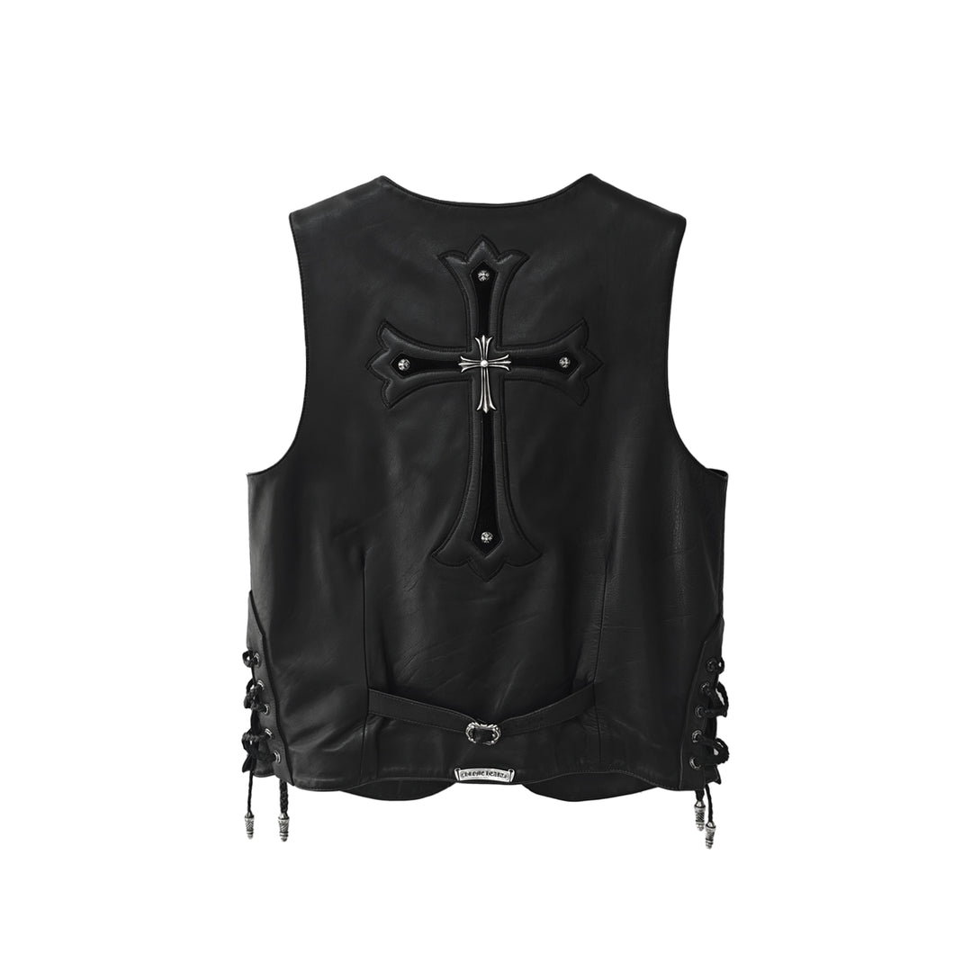 Chrome Hearts Silver Cross Leather Patch Drawstring Black Vest