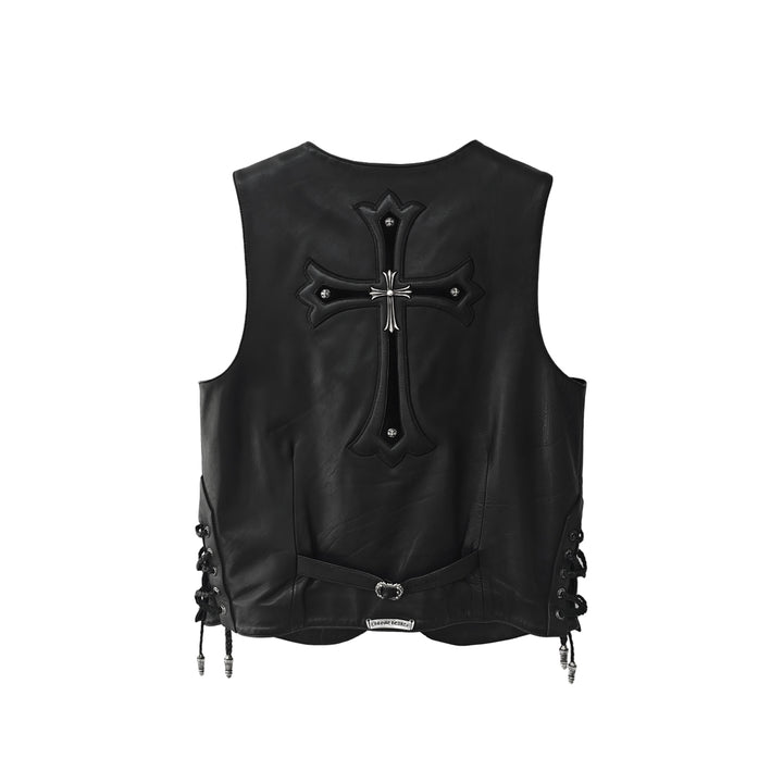 Chrome Hearts Silver Cross Leather Patch Drawstring Black Vest