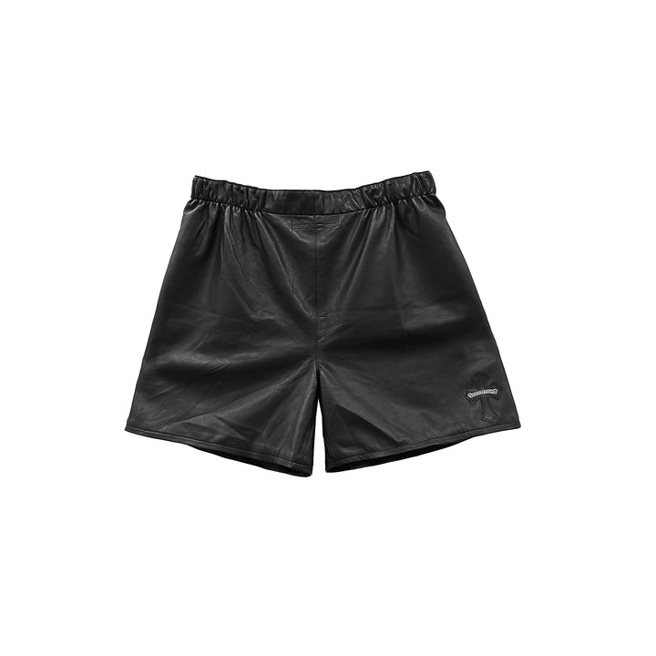 Chrome Hearts Black Leather Cross Patch Silver Scroll Leather Shorts
