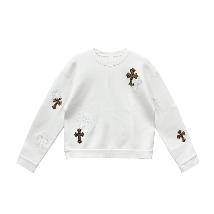 Chrome Hearts White&Leopard Cross Patch Crewneck Sweatshirt