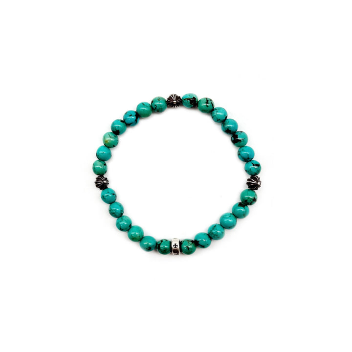Chrome Hearts 6mm Turquoise Silver Cross Ball Beaded Bracelet