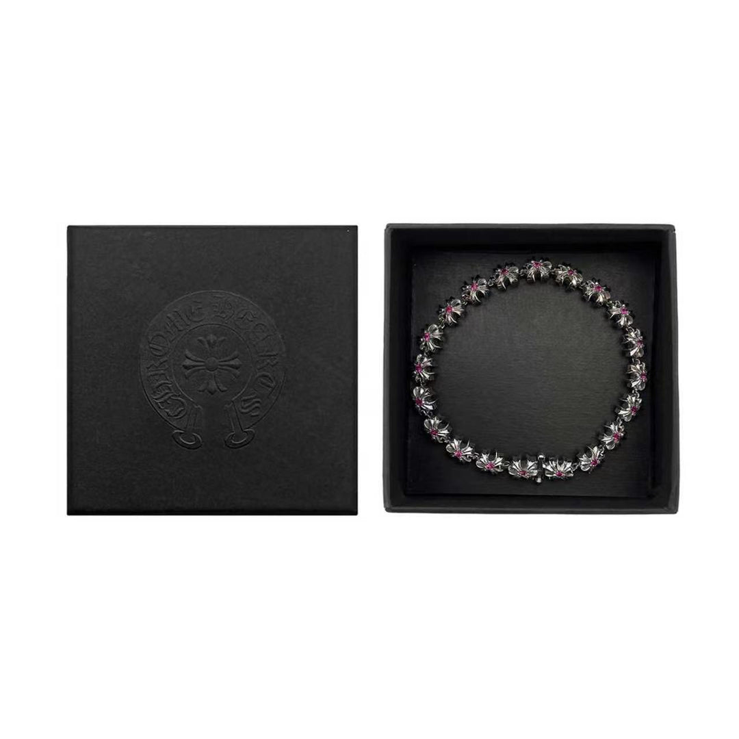 Chrome Hearts 18K White Gold Tiny Plus Cross Pink Saph ID Bracelet