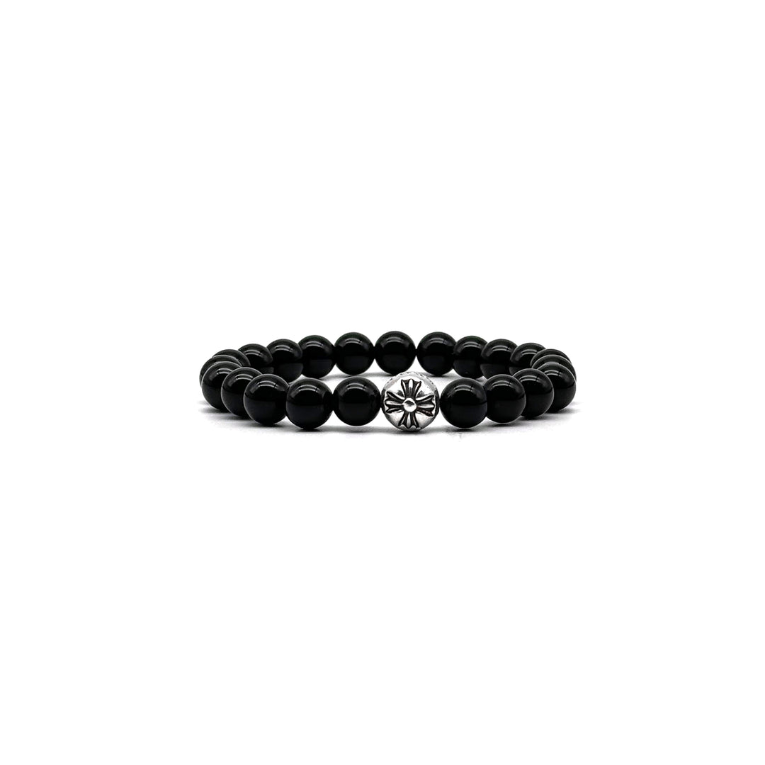 Chrome Hearts 8MM Obsidian Silver Cross Beaded Bracelet