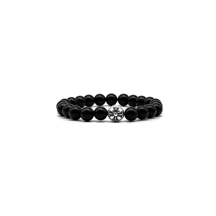 Chrome Hearts 8MM Obsidian Silver Cross Beaded Bracelet