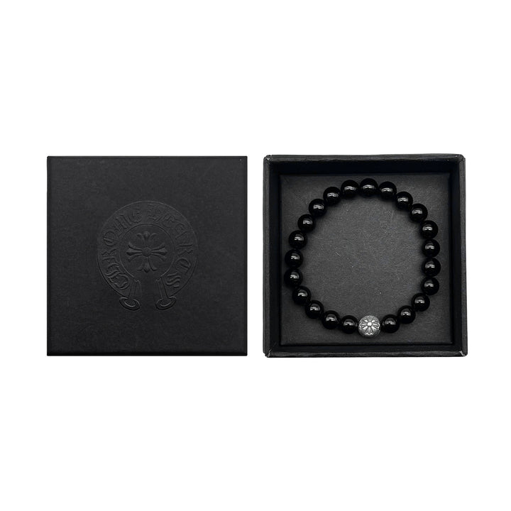 Chrome Hearts 8MM Obsidian Silver Cross Beaded Bracelet