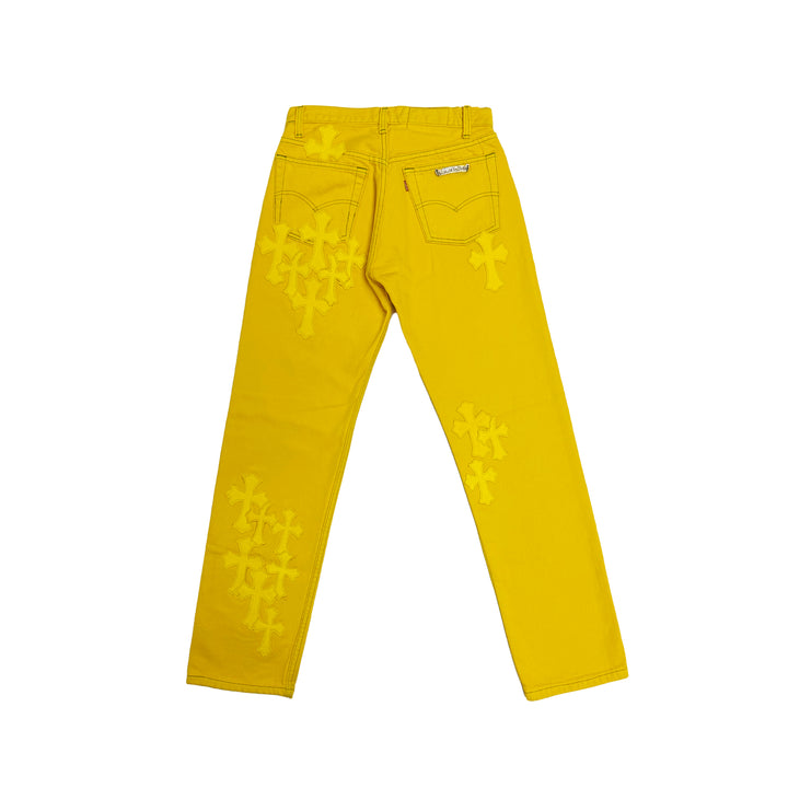 Chrome Hearts Levi's 501 Yellow Cross Leather Patch Jeans