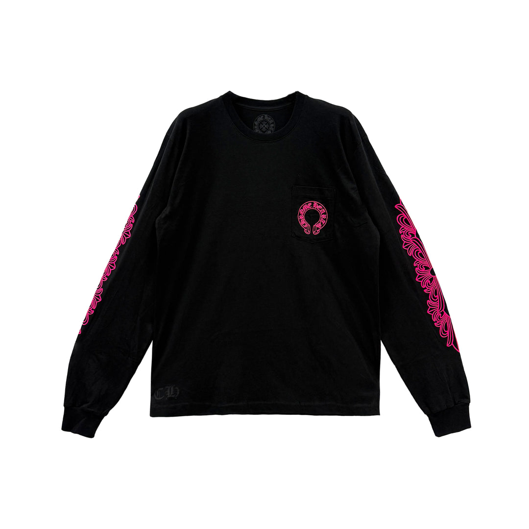Chrome Hearts Classic Pink Horseshoe Logo Black Long Sleeve T-shirt