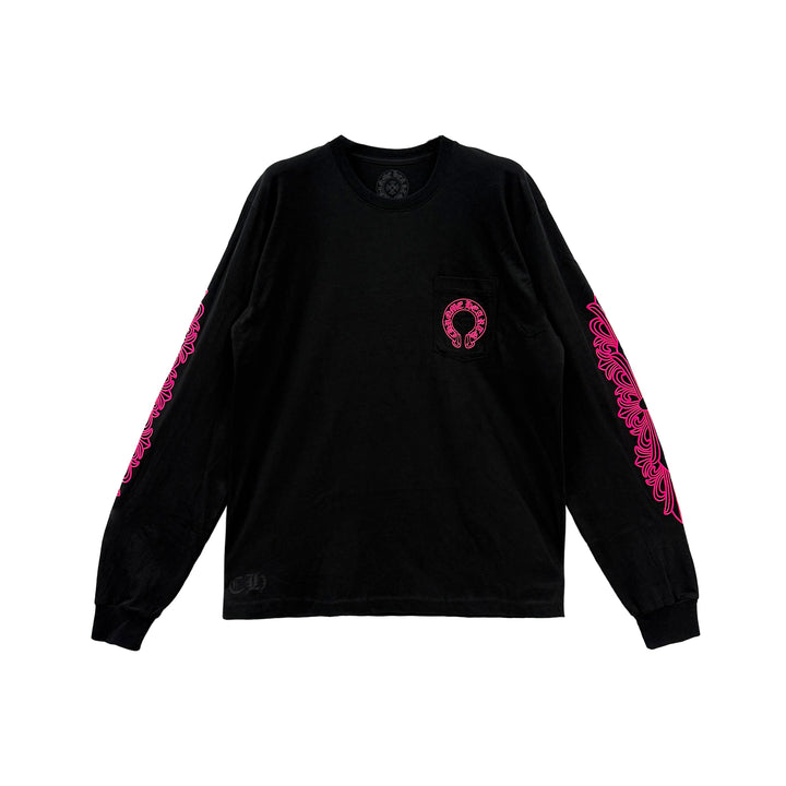 Chrome Hearts Classic Pink Horseshoe Logo Black Long Sleeve T-shirt