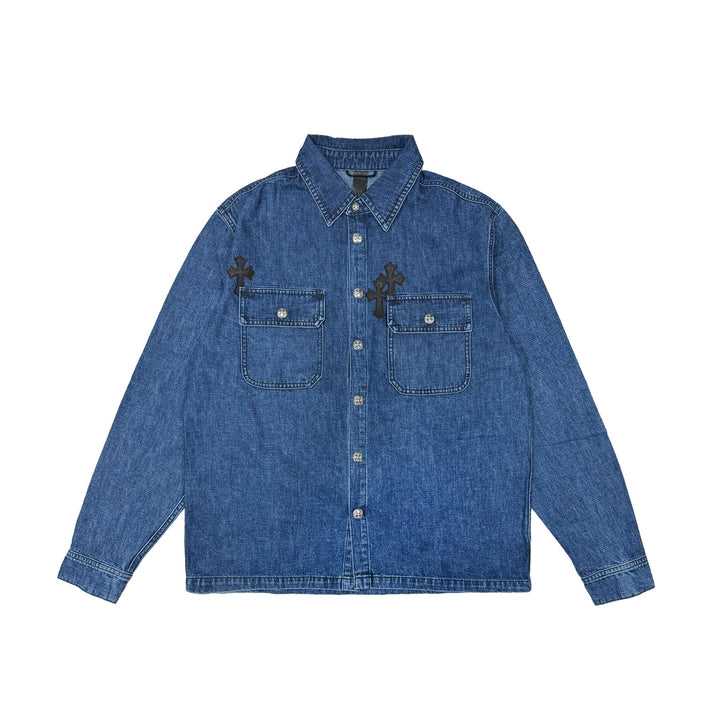 Chrome Hearts Denim Leather Cross Work Dog Shirt Jacket