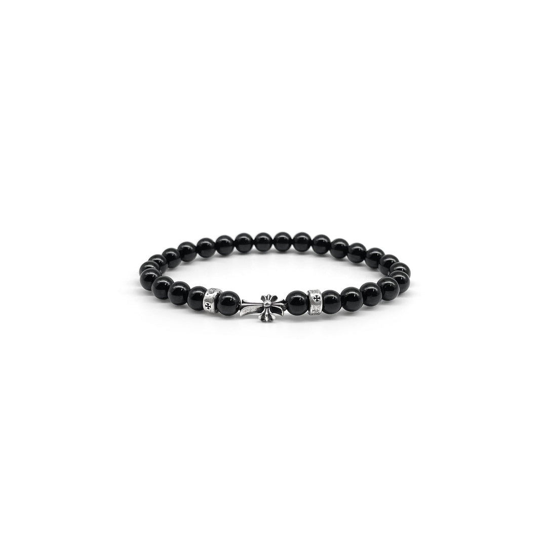 Chrome Hearts 6mm Obsidian 3 Silver Cross Bracelet