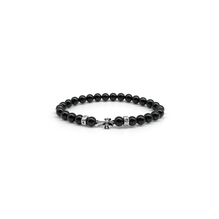 Chrome Hearts 6mm Obsidian 3 Silver Cross Bracelet