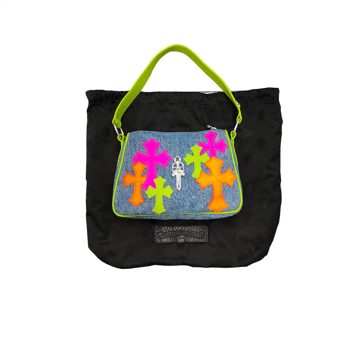 크롬하츠 마이애미 아트 바젤 멀티 컬러 패치 데님 크로스 패치 너겟 백