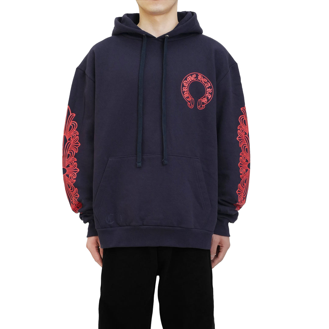 Chrome Hearts Navy&Red Horseshoe Floral Sleeve Pullover Hoodie
