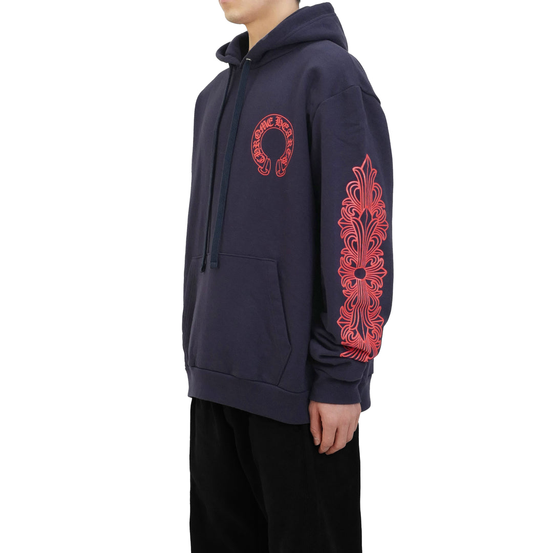 Chrome Hearts Navy&Red Horseshoe Floral Sleeve Pullover Hoodie