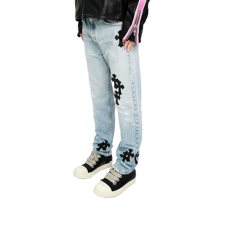 Chrome Hearts Levi's 505 Black Cross Patch Light Blue Jeans