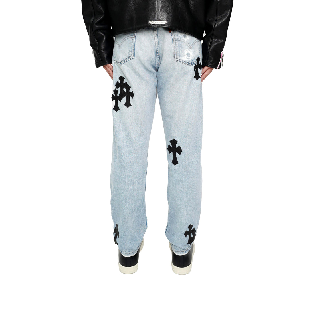 Chrome Hearts Levi's 505 Black Cross Patch Light Blue Jeans