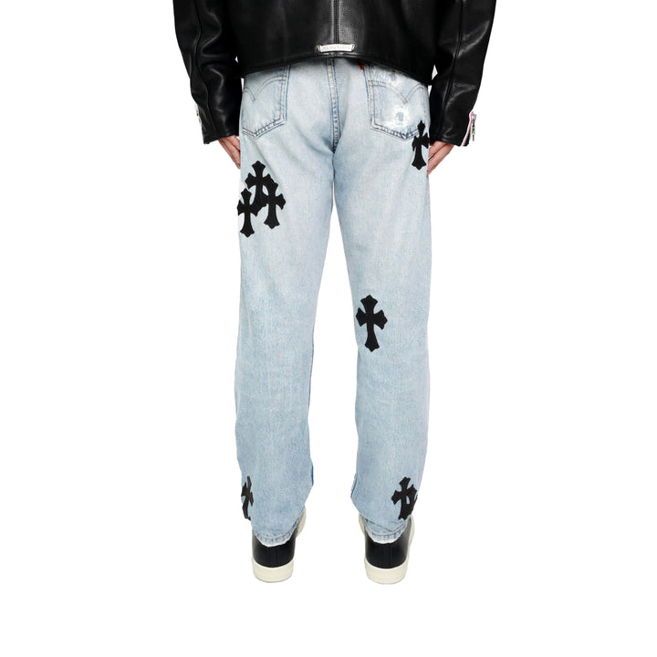Chrome Hearts Levi's 505 Black Cross Patch Light Blue Jeans