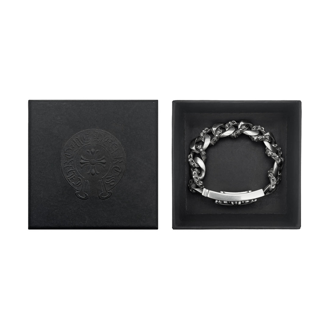 Chrome Hearts Silver Diamond ID Cross Fancy Link Cuban Bracelet