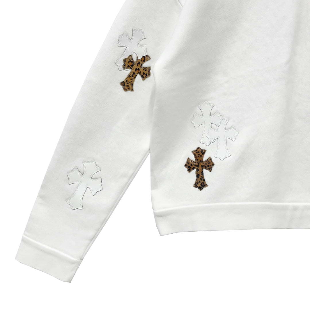Chrome Hearts White&Leopard Cross Patch Crewneck Sweatshirt