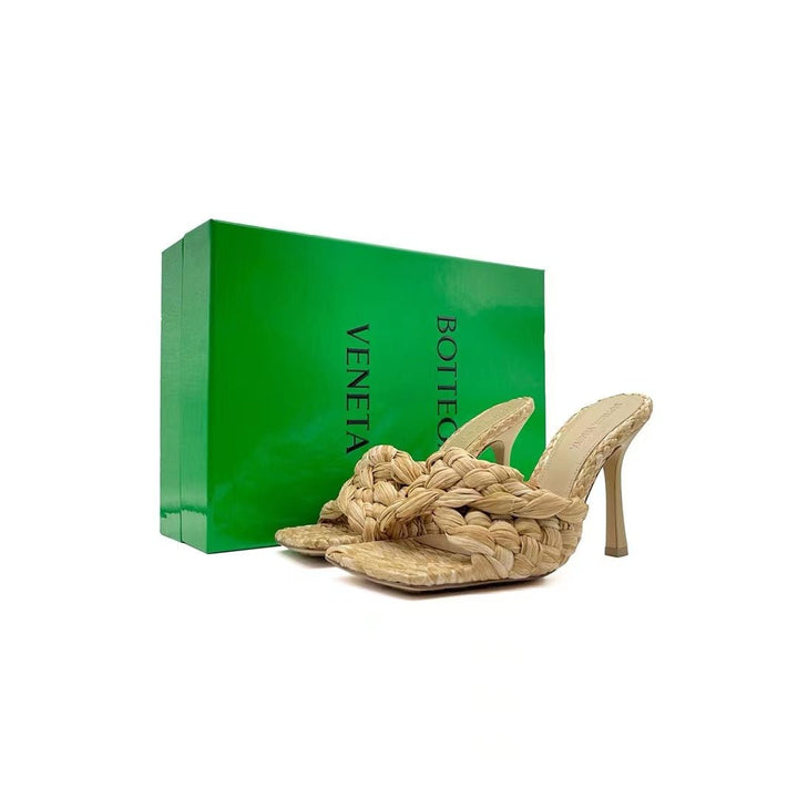 Bottega Veneta BV Cane Sugar Natural Raffia Stretch Mule High Heels - SHENGLI ROAD MARKET