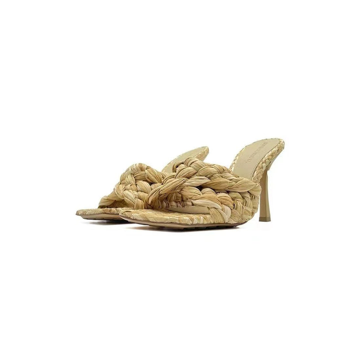 Bottega Veneta BV Cane Sugar Natural Raffia Stretch Mule High Heels - SHENGLI ROAD MARKET