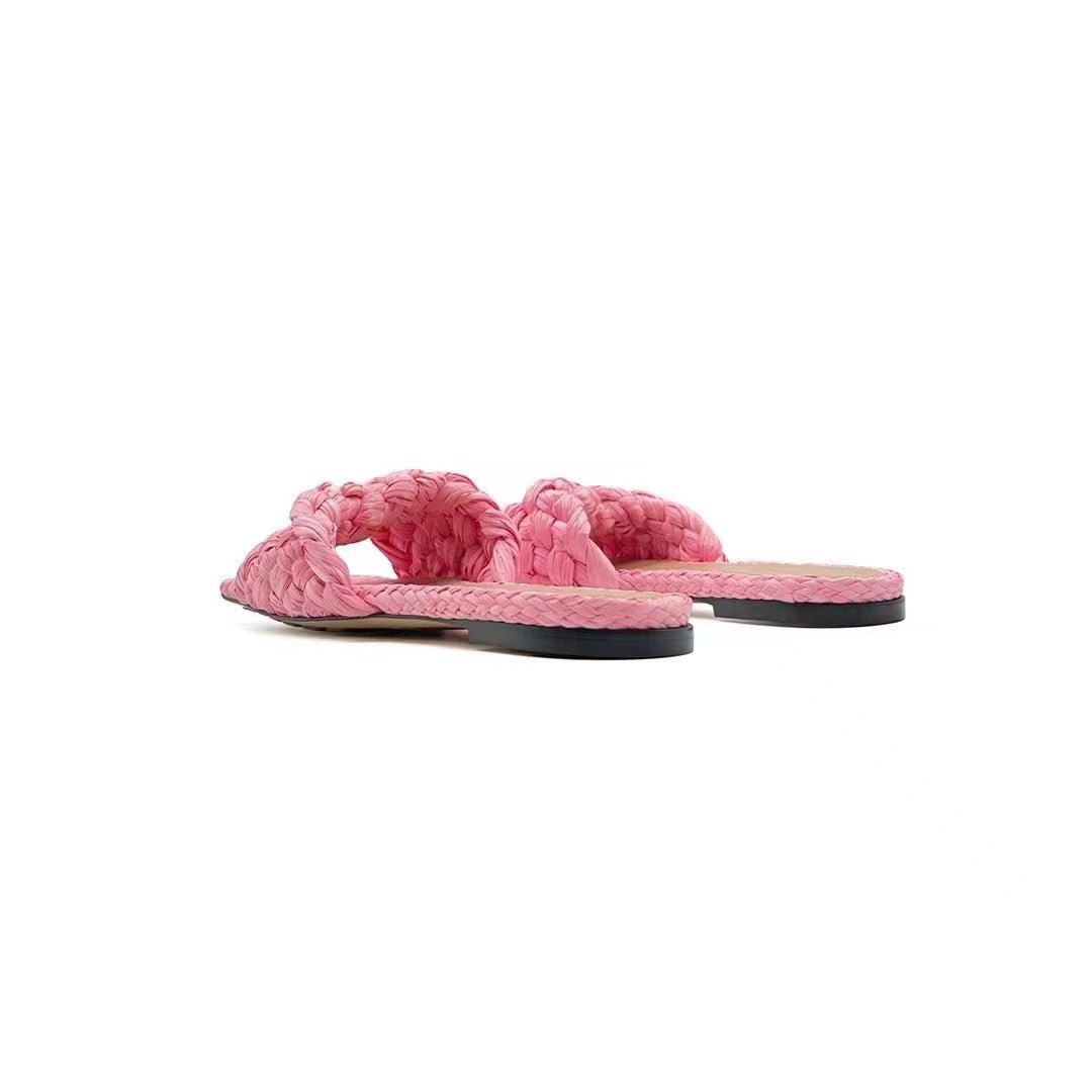 Bottega Veneta BV Pink Raffia Stretch Flat Sandals - SHENGLI ROAD MARKET