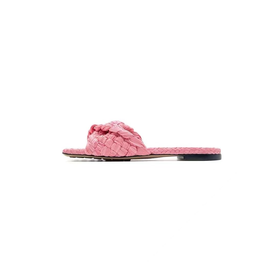 Bottega Veneta BV Pink Raffia Stretch Flat Sandals - SHENGLI ROAD MARKET