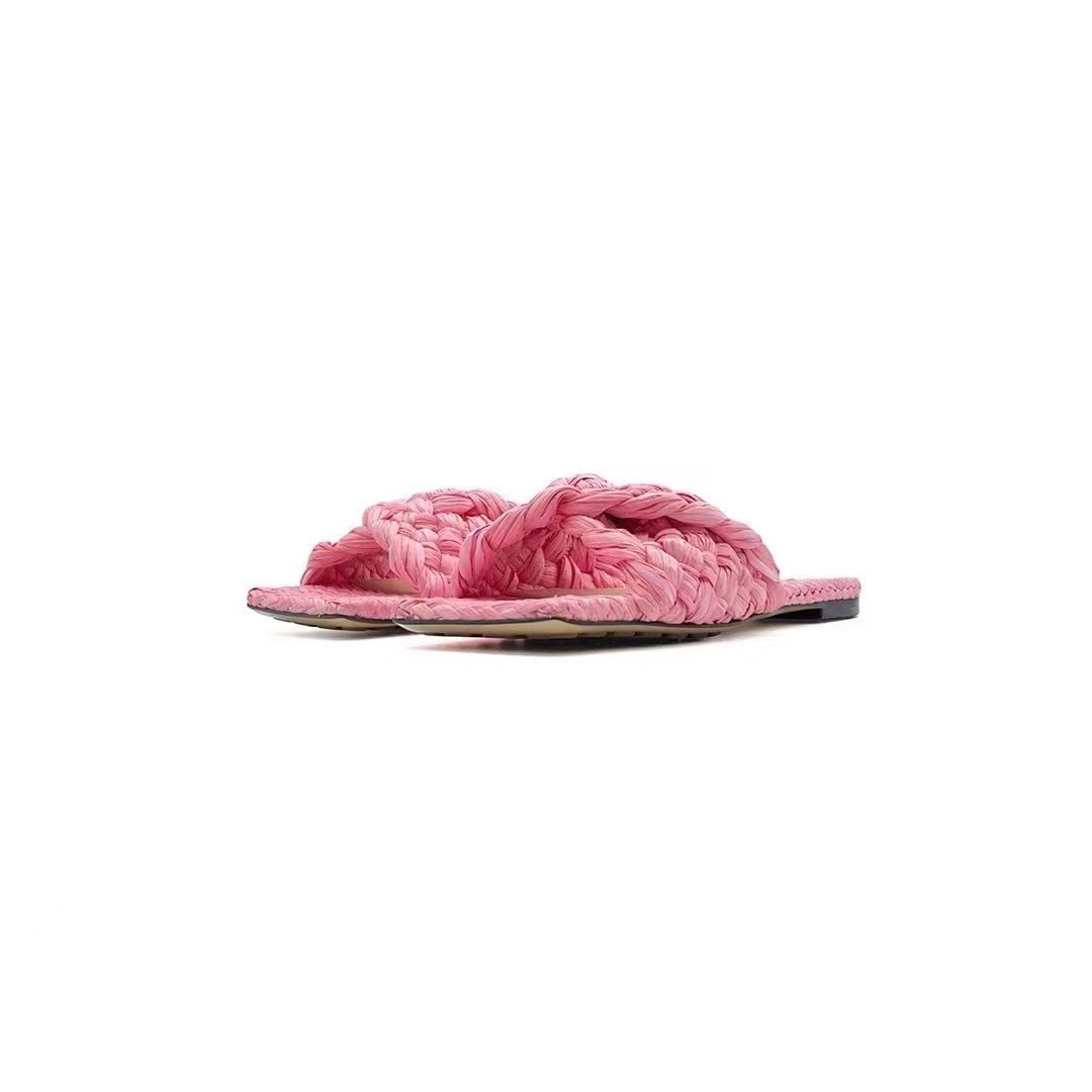 Bottega Veneta BV Pink Raffia Stretch Flat Sandals - SHENGLI ROAD MARKET