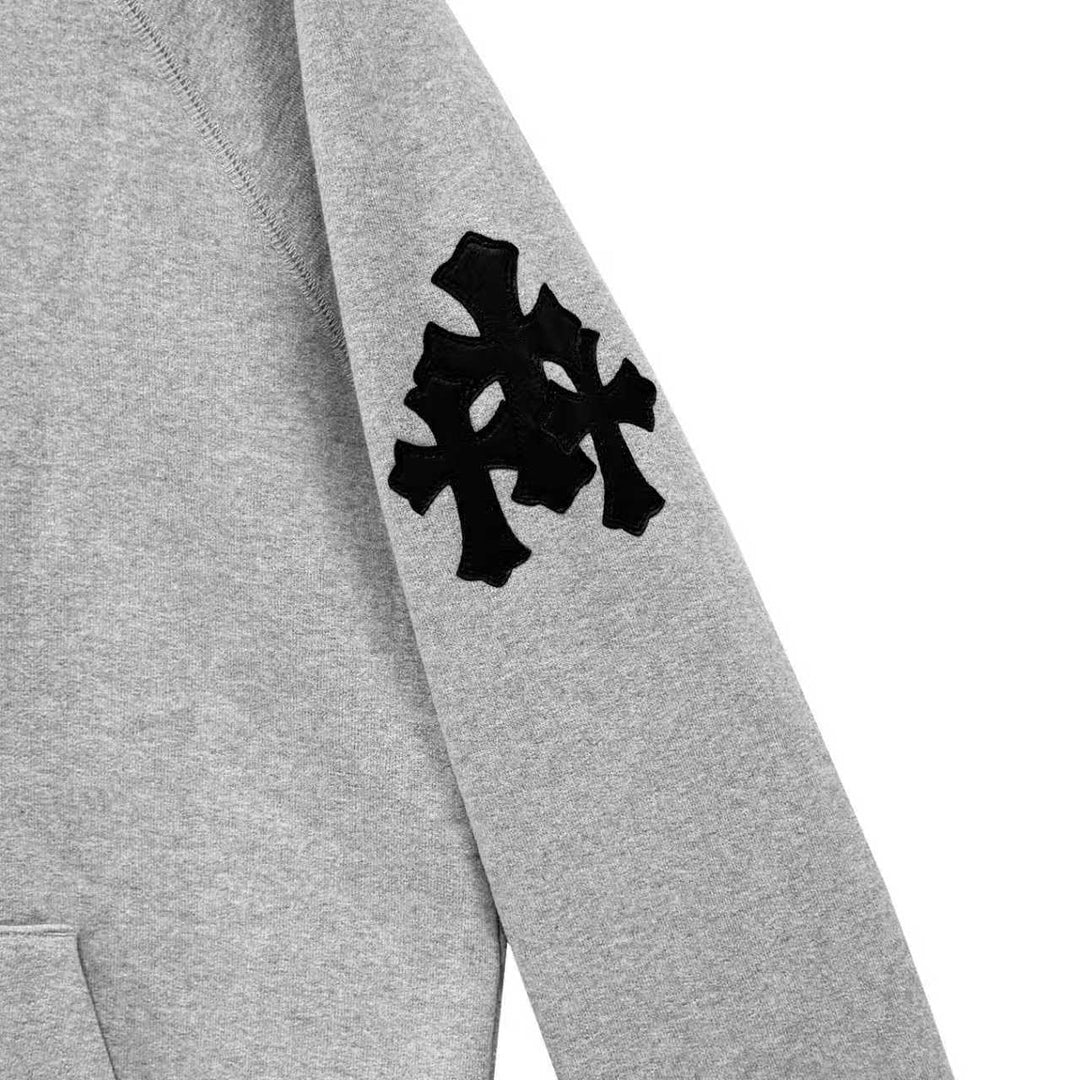 Chrome Hearts Triple Cross Leather Patch Grey Pullover Hoodie