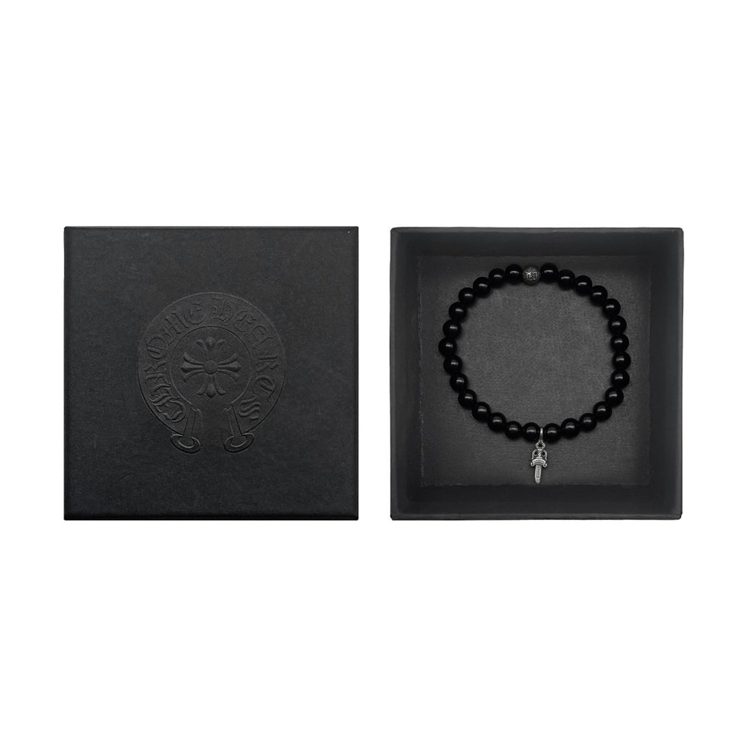 Chrome Hearts 6mm Obsidian Silver Dagger Pendant Beaded Bracelet