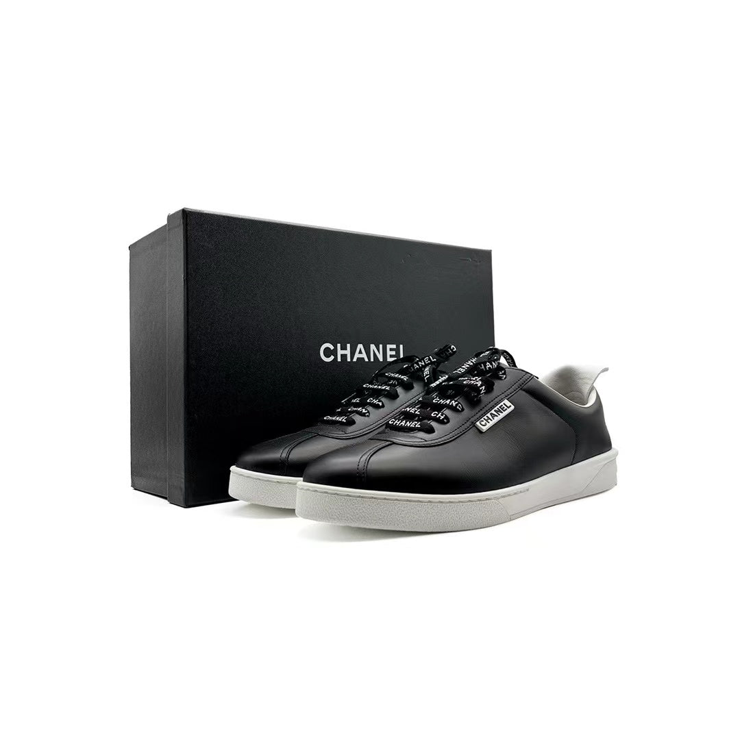 Chanel Black Leather Logo Lace Up CC Low Top Sneakers - SHENGLI ROAD MARKET