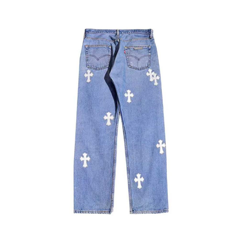 Chrome Hearts 1 of 1 Silver Leather Cross Patch Jeans - SHENGLI ROAD MARKET