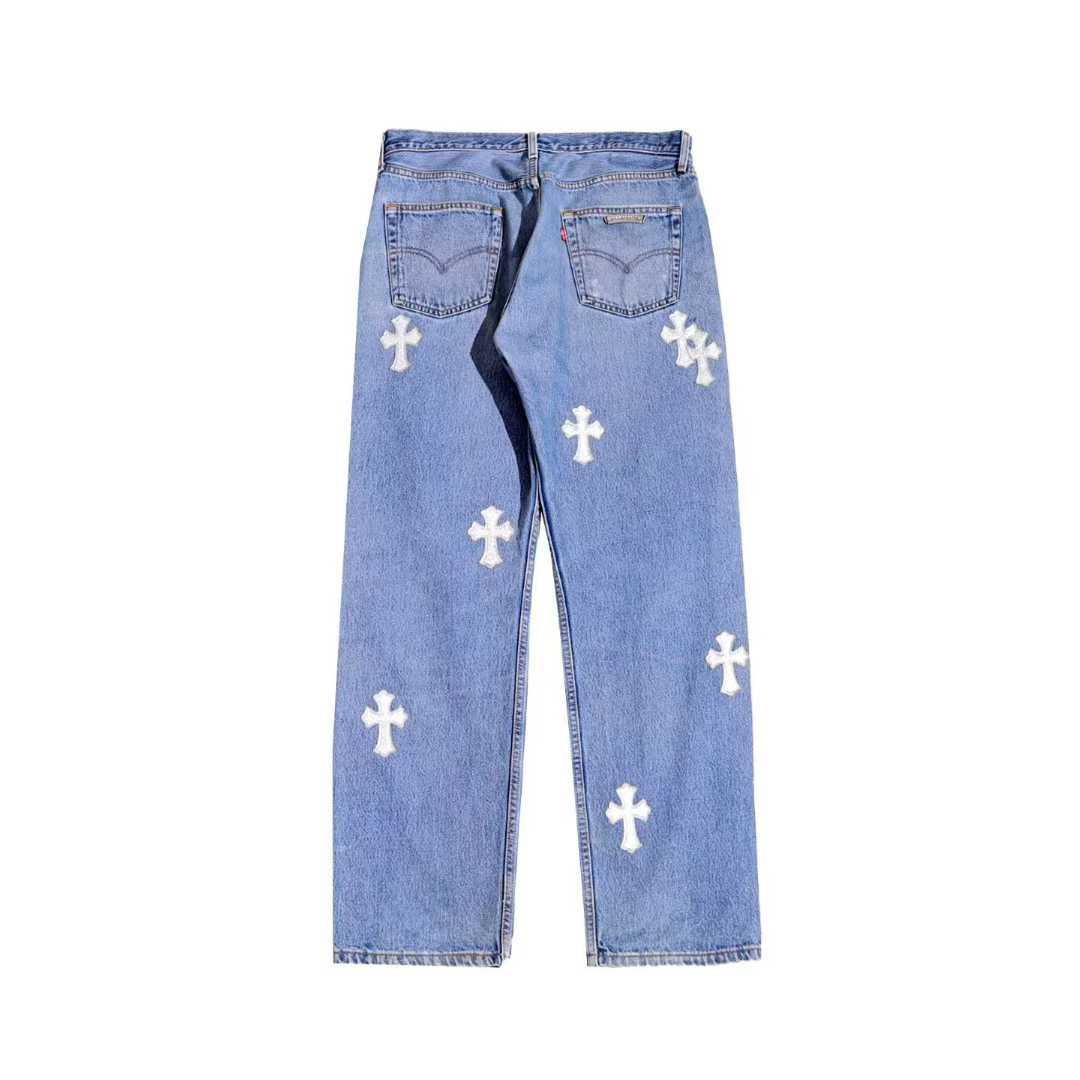 Chrome Hearts 1 of 1 Silver Leather Cross Patch Jeans - SHENGLI ROAD MARKET