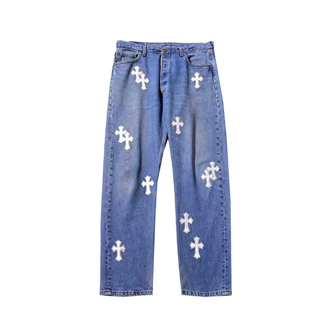 Chrome Hearts 1 of 1 Silver Leather Cross Patch Jeans - SHENGLI ROAD MARKET