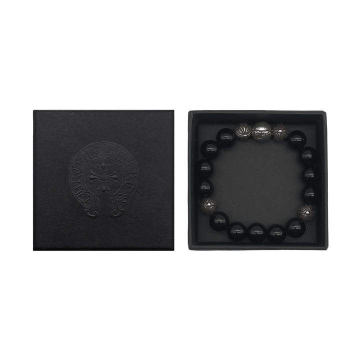 Chrome Hearts 12mm Black 5 Silver Bead Cross Bracelet - SHENGLI ROAD MARKET