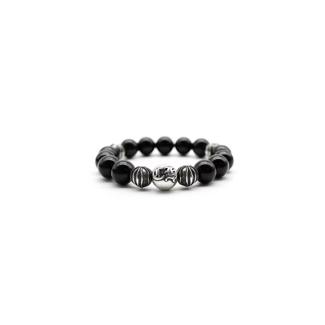 Chrome Hearts 12mm Black 5 Silver Bead Cross Bracelet - SHENGLI ROAD MARKET