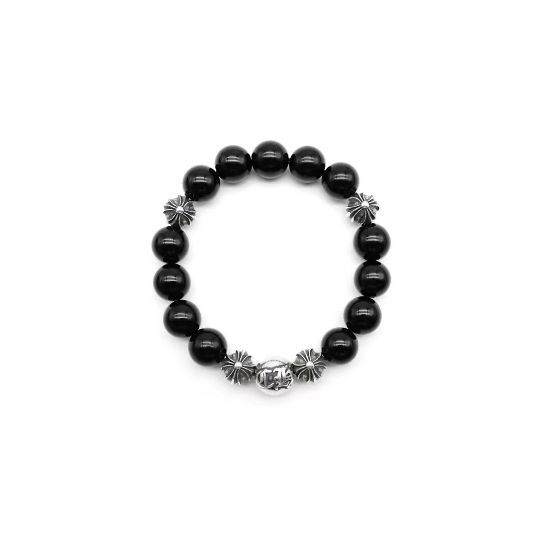 Chrome Hearts 12mm Black 5 Silver Bead Cross Bracelet - SHENGLI ROAD MARKET