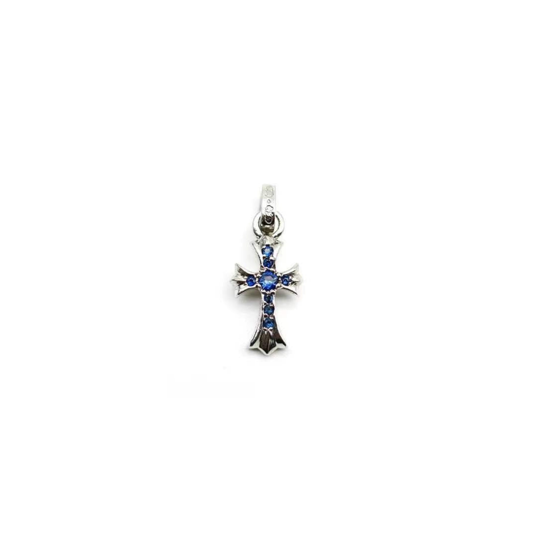 Chrome Hearts 18K White Gold Blue Saph Babyfat Cross Charm Pendant - SHENGLI ROAD MARKET