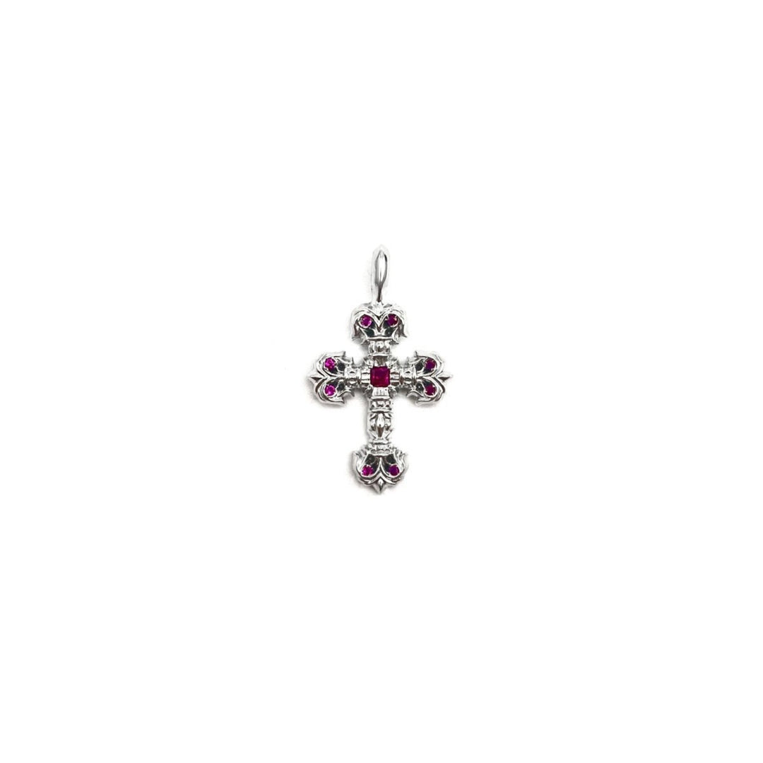 Chrome Hearts 18K White Gold Pink Saph Filigree Cross Charm Pendant - SHENGLI ROAD MARKET