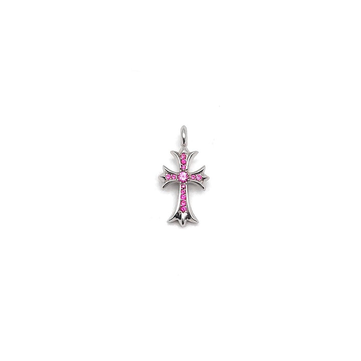 Chrome Hearts 18K White Gold Pink Saph Tiny Cross Charm Pendant - SHENGLI ROAD MARKET