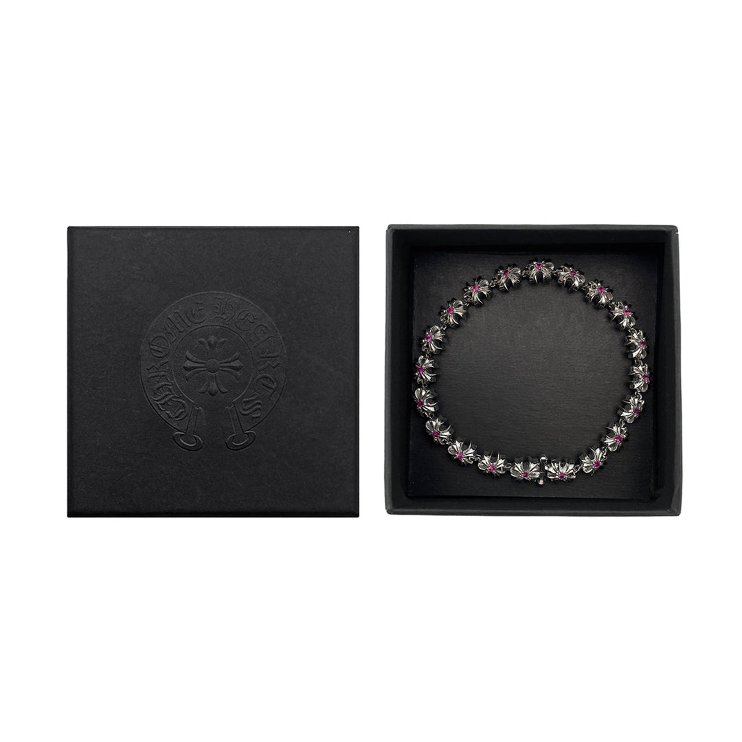 Chrome Hearts 18K White Gold Tiny Plus Cross Pink Saph ID Bracelet - SHENGLI ROAD MARKET