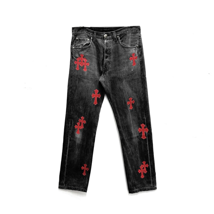 Chrome Hearts 1of1 Red Leather Cross Patches Dark Grey Jeans - SHENGLI ROAD MARKET